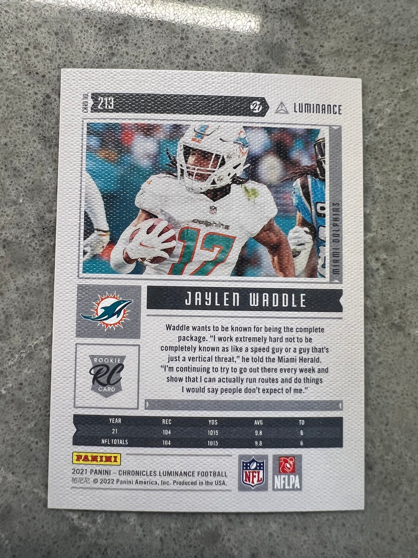 Jaylen Waddle 2021 Panini chronicles Luminance Card #213